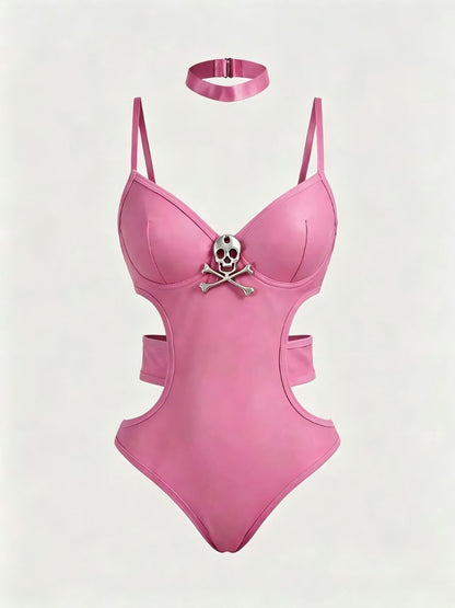 Pink Skull Cut Out Bodysuit
