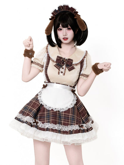 Plaid Puppy Maid Costume Anime Lolita Cosplay Outfit with Dog Ear Headband
