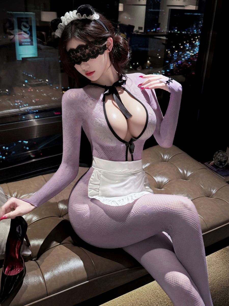 Purple Floral Lace Maid Lingerie Set