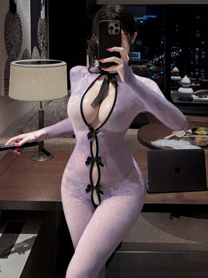 Purple Floral Lace Maid Lingerie Set