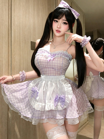 Anime Maid Costume Purple Plaid Ruffled Apron Dress with Accessories 