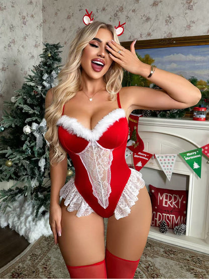 Red Velvet Lace Christmas Bodysuit Set