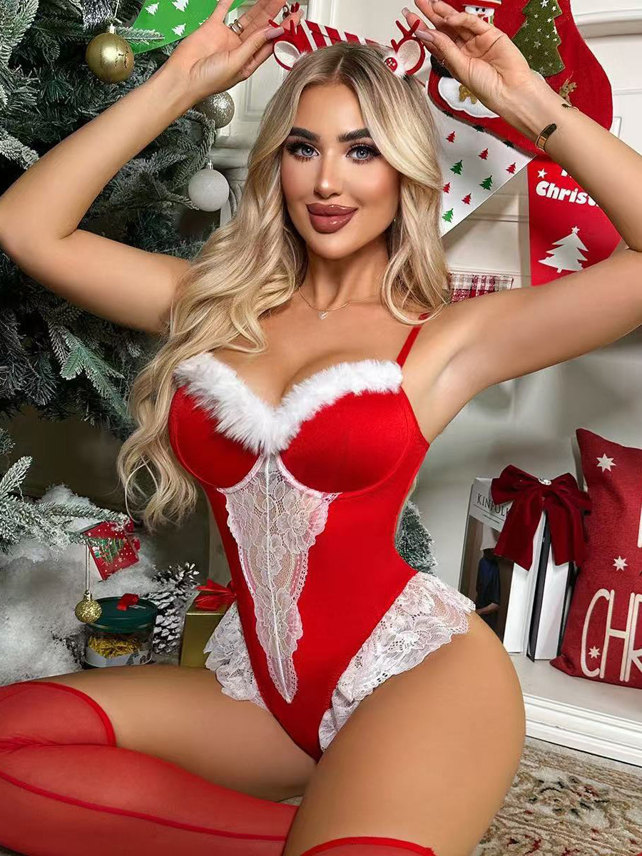 Red Velvet Lace Christmas Bodysuit Set