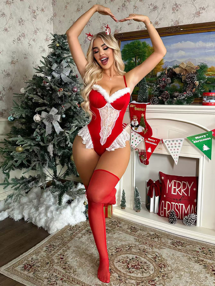 Red Velvet Lace Christmas Bodysuit Set