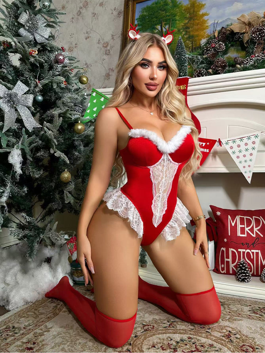 Red Velvet Lace Christmas Bodysuit Set