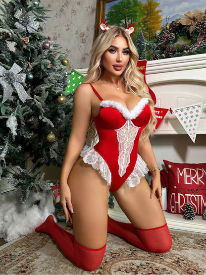Red Velvet Lace Christmas Bodysuit Set
