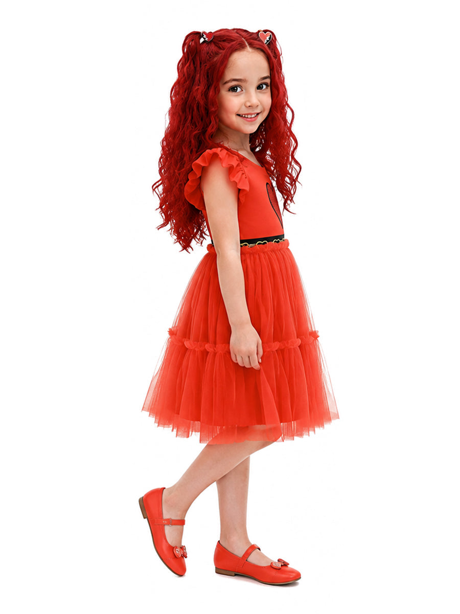 Red Princess Flutter Sleeve Tulle Dress