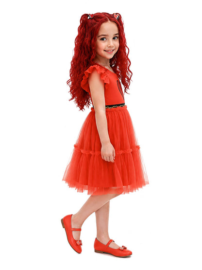 Red Princess Flutter Sleeve Tulle Dress