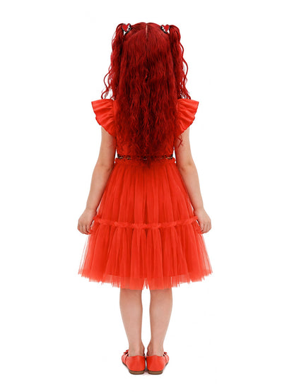 Red Princess Flutter Sleeve Tulle Dress