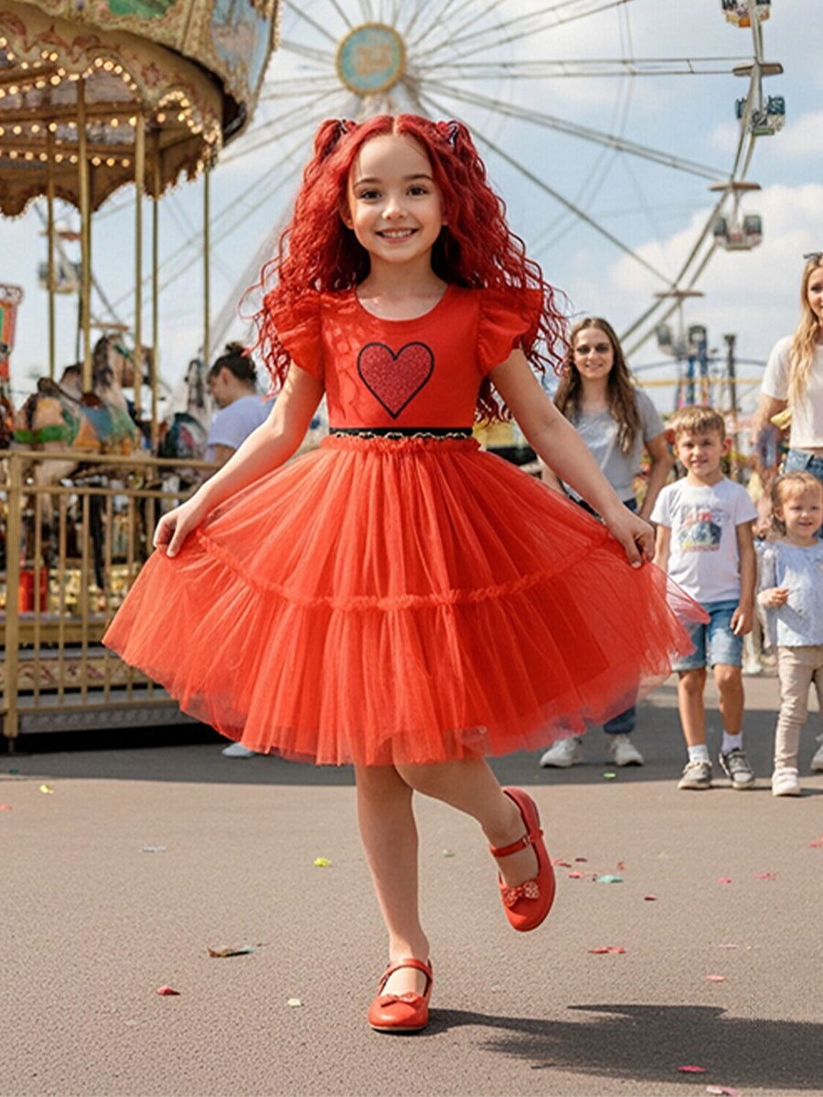 Red Princess Flutter Sleeve Tulle Dress