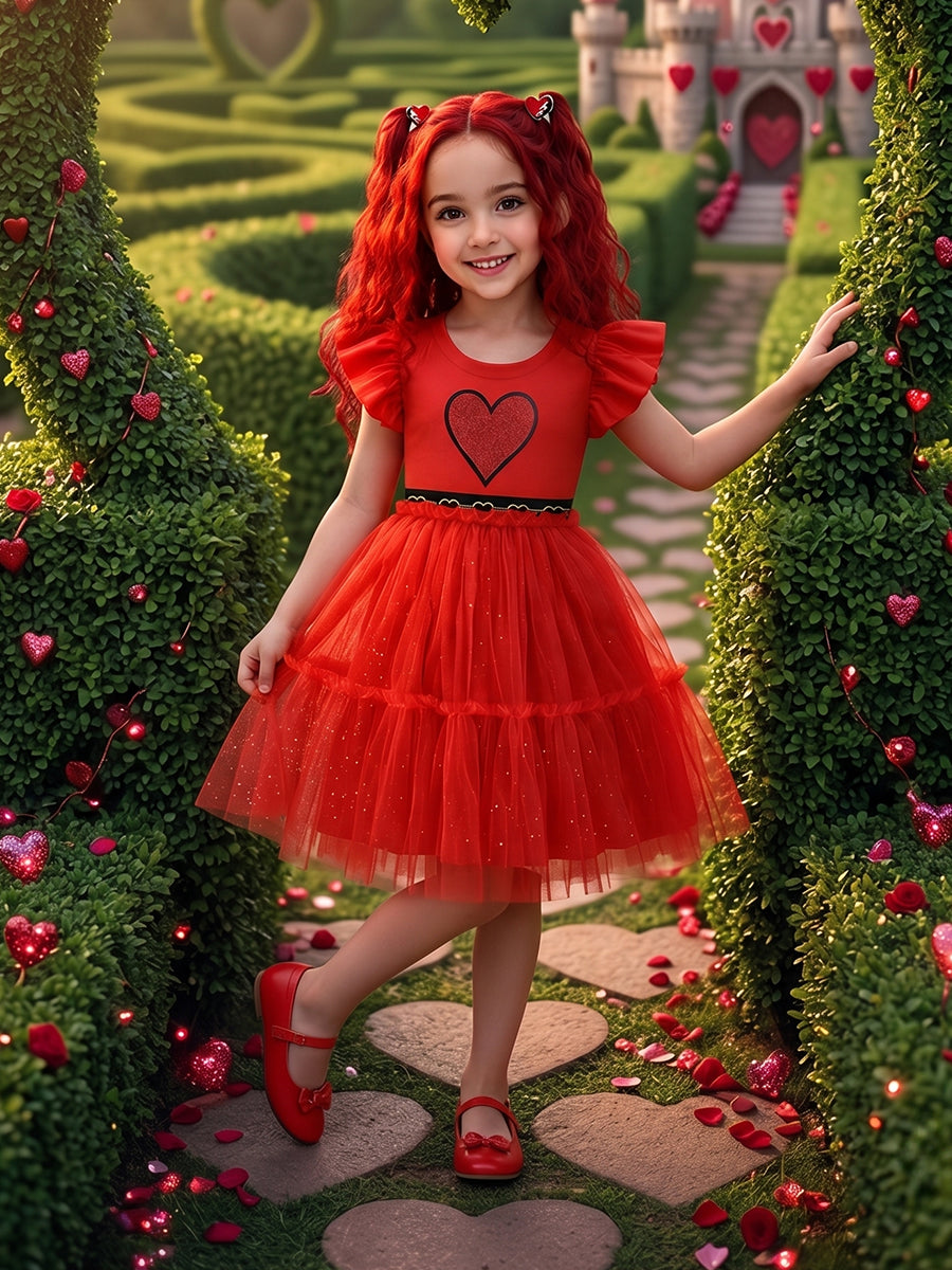 Red Princess Flutter Sleeve Tulle Dress