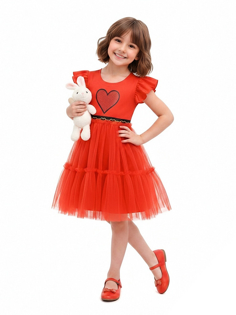 Red Princess Flutter Sleeve Tulle Dress