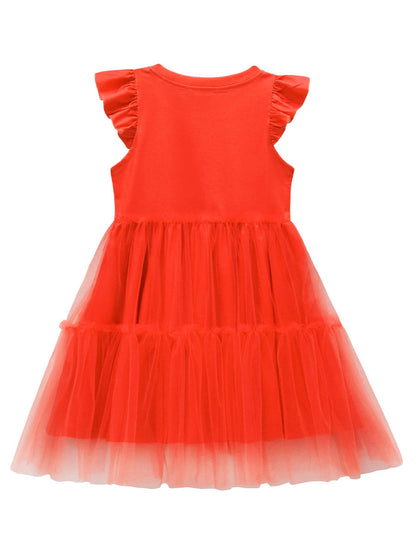 Red Princess Flutter Sleeve Tulle Dress