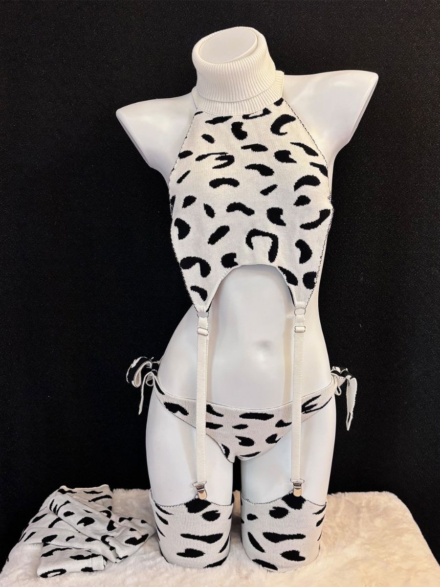 Rib Knit Cow Lingerie Set