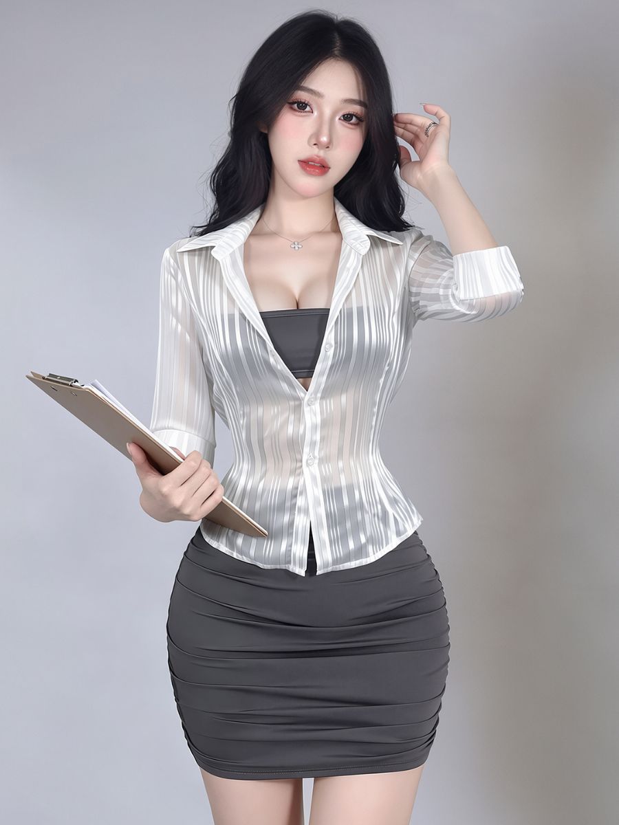 Sexy Secretary Cosplay Lingerie Set Sheer Striped Blouse and Ruched Mini Skirt