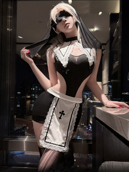 Gothic Nun Cosplay Lingerie Set Dark Habit Nun Outfit with Accessories