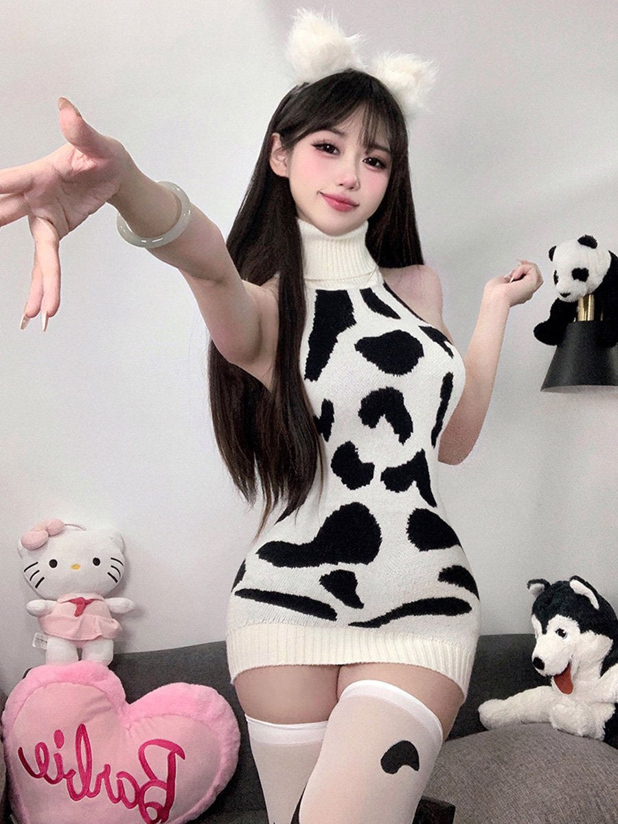 Knitted Cow Print Backless Mini Dress