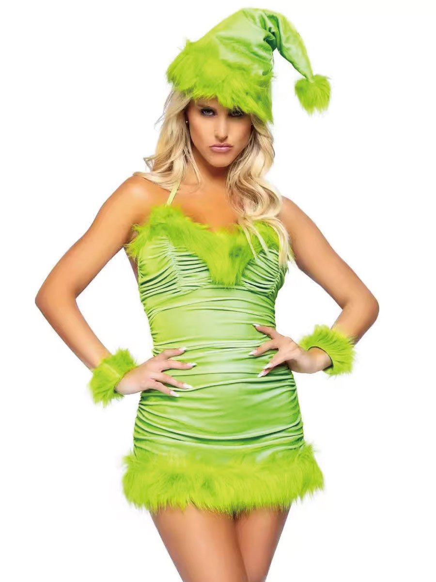 Faux Fur Christmas Elf Ruched Dress