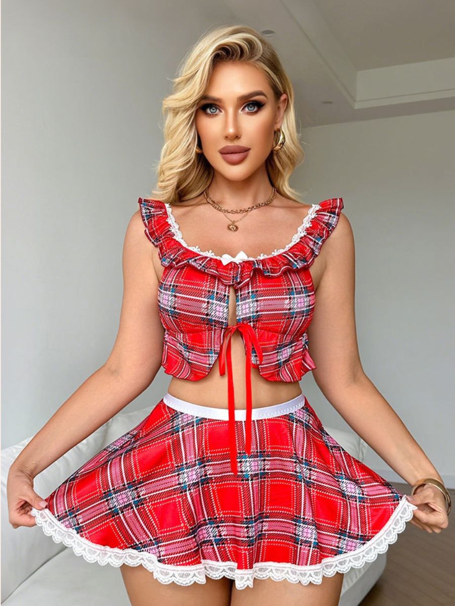 Red Plaid Schoolgirl Lingerie Set Ruffle Lace Crop Top and Mini Skirt