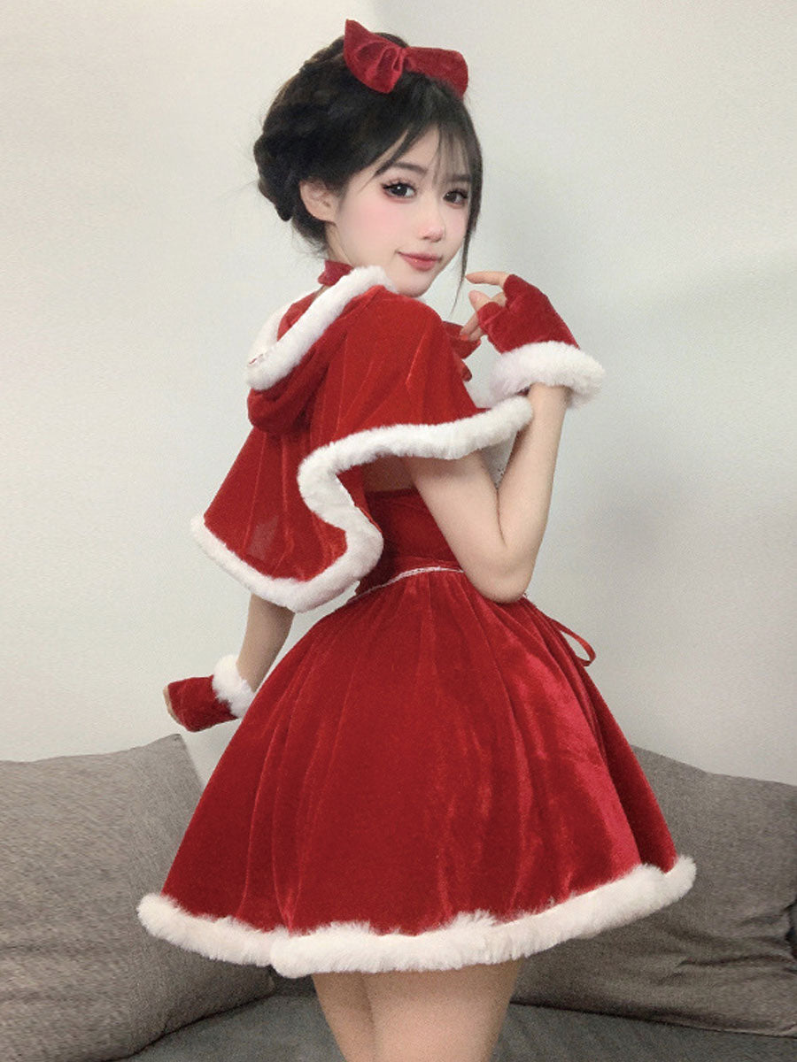 Velvet Christmas Mini Dress with Shawl