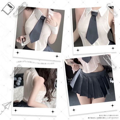 Sheer Sleeveless Shirt and Pleated Skirt