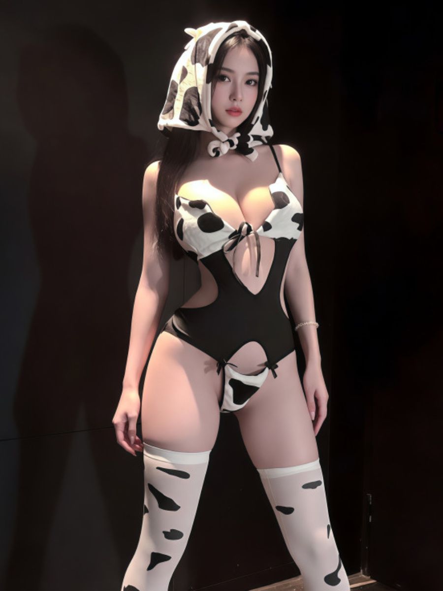 Cow Print Bodysuit Lingerie with Hat