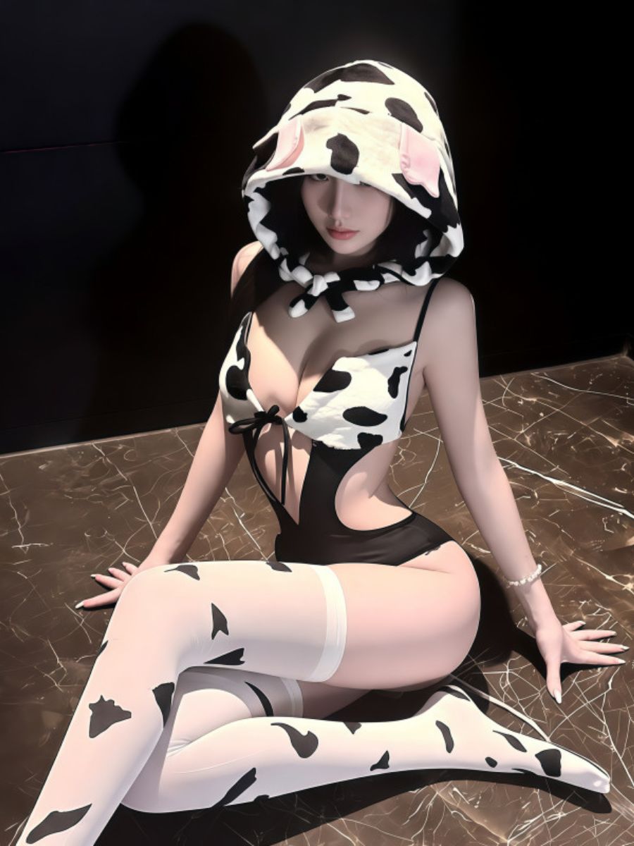 Cow Print Bodysuit Lingerie with Hat
