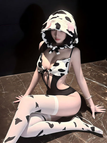 Cow Print Bodysuit Lingerie with Hat