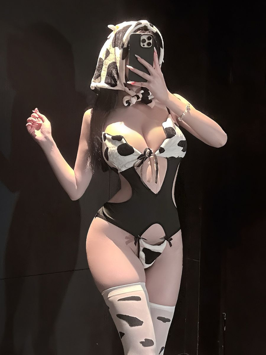 Cow Print Bodysuit Lingerie with Hat