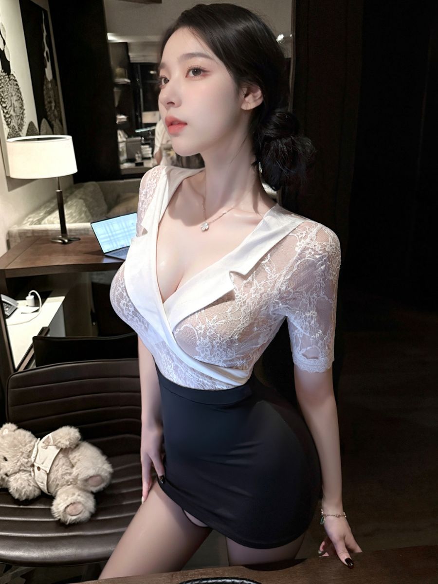 Sheer Lace Secretary Bodycon Dress