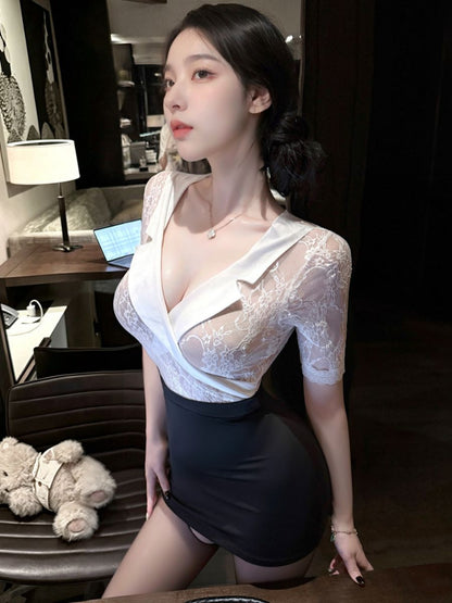 Sheer Lace Secretary Bodycon Dress