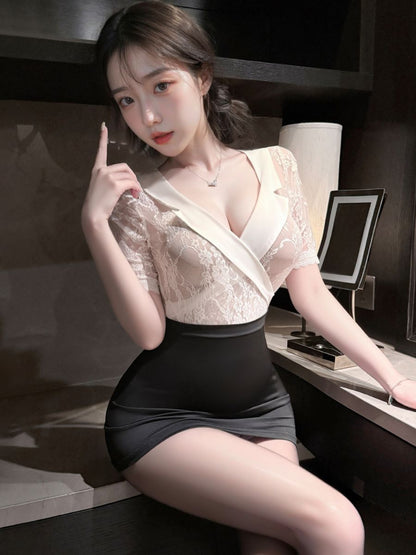 Sheer Lace Secretary Bodycon Dress Wrap Lapel Short Sleeve Lingerie Dress 