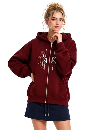 Spider Web Graphic Zip-Up Hoodie