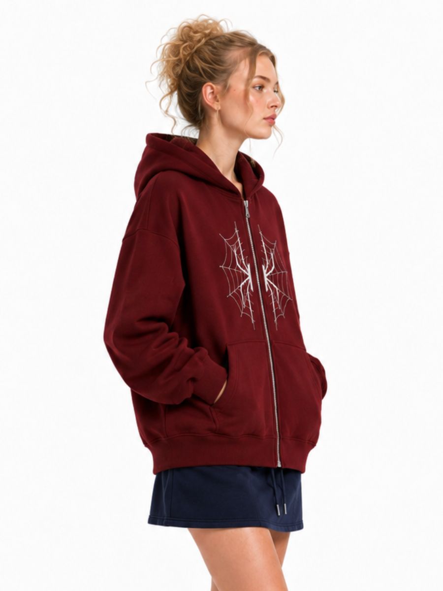 Spider Web Graphic Zip-Up Hoodie