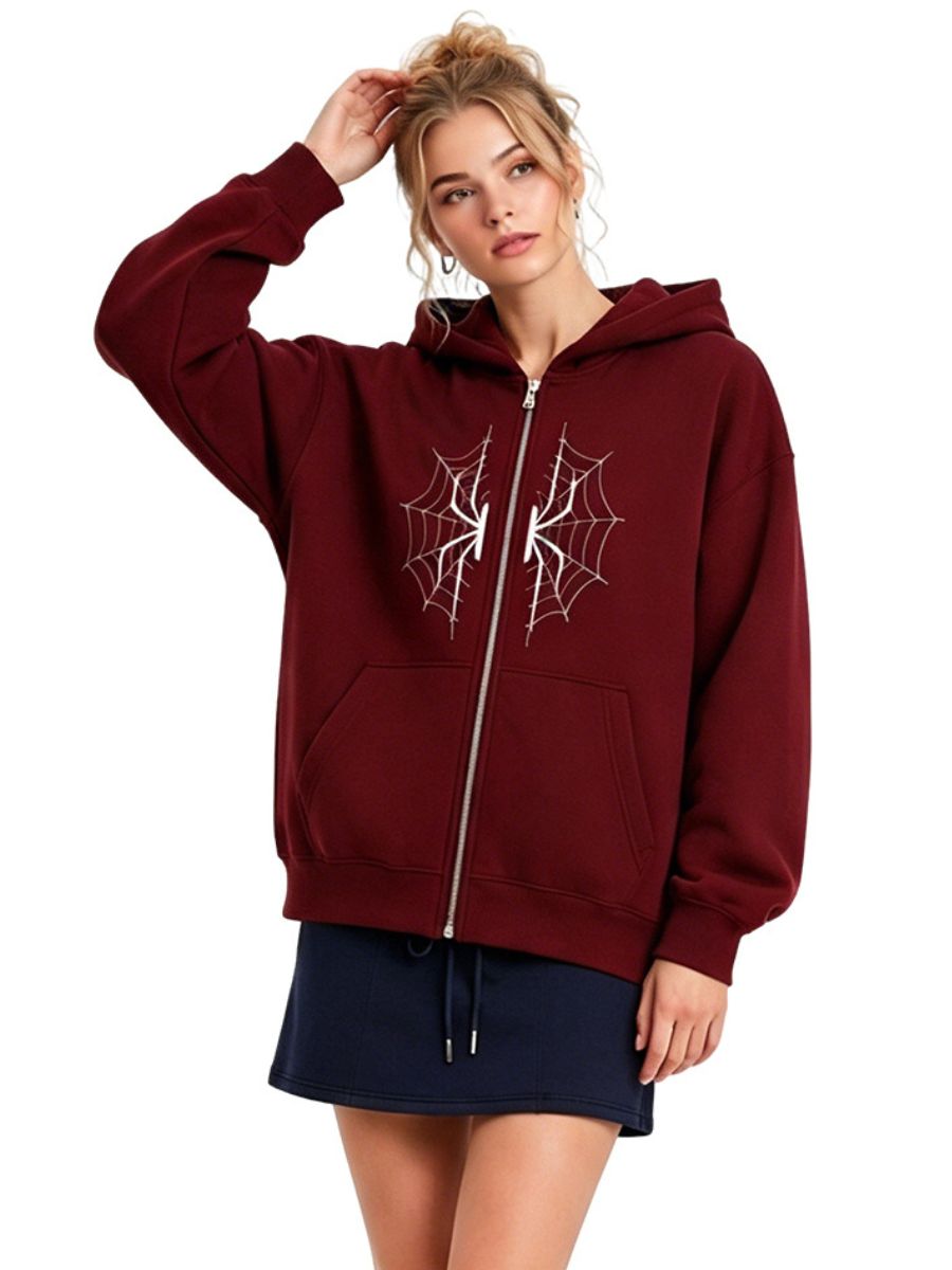 Spider Web Graphic Zip-Up Hoodie