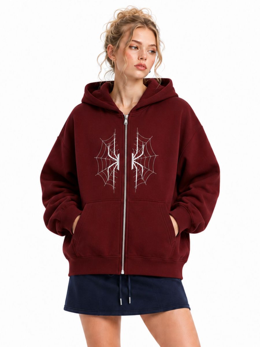 Plus Size Spider Zip-Up Hoodie Burgundy Oversized Sweatshirt for Women