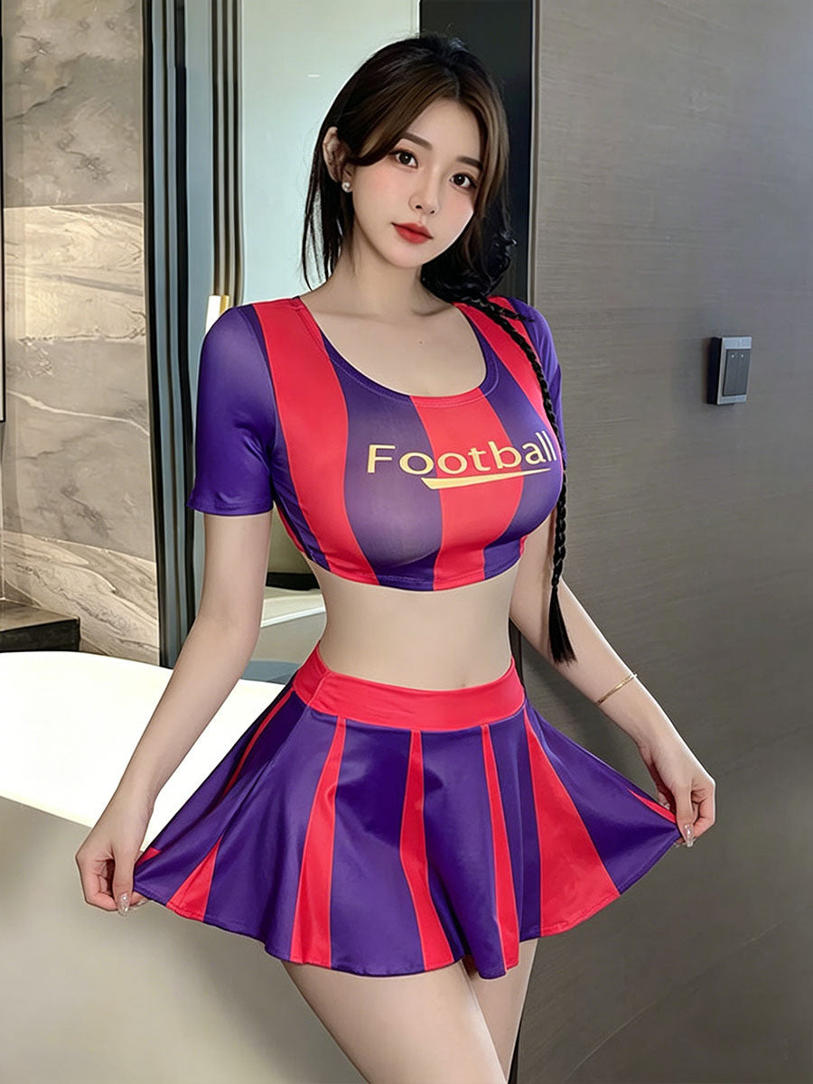 Striped Cheerleader Style Costume Two Piece Sporty Football Crop Top and Pleated Mini Skirt