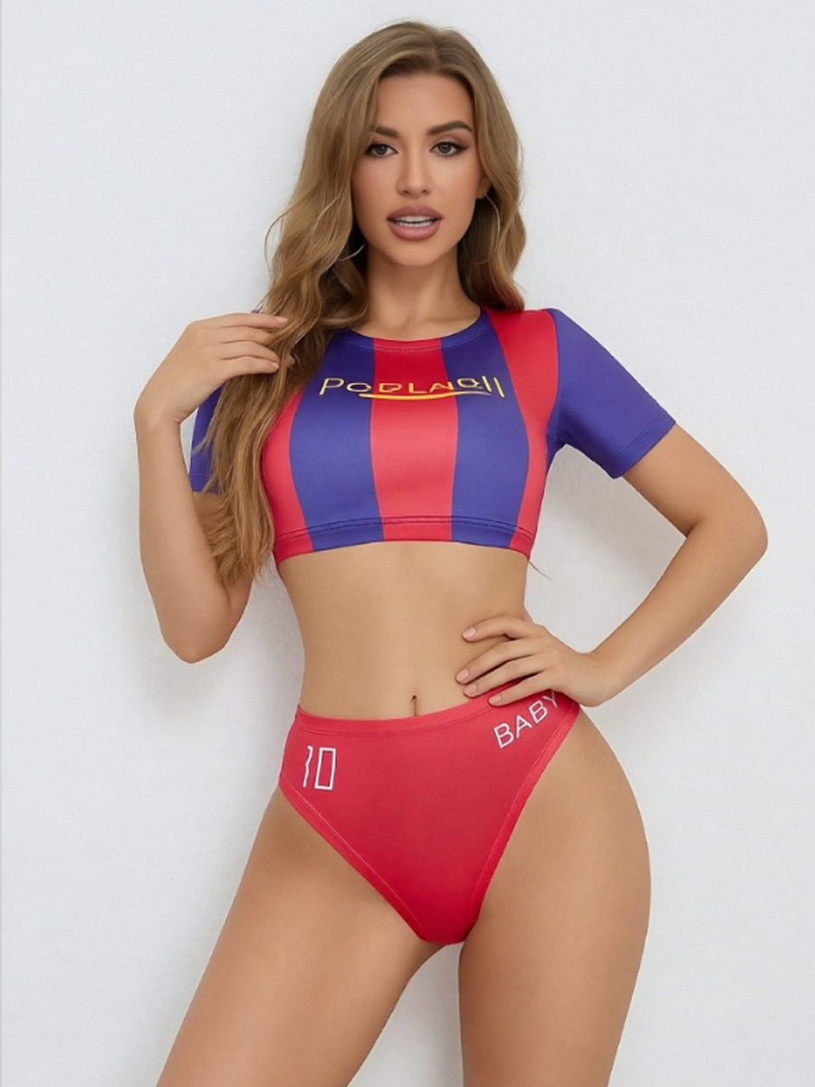 Two Piece Cheerleader Costume Football Player Striped Crop Top and High Cut Bottom