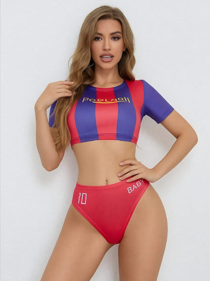 Two Piece Cheerleader Costume Football Player Striped Crop Top and High Cut Bottom