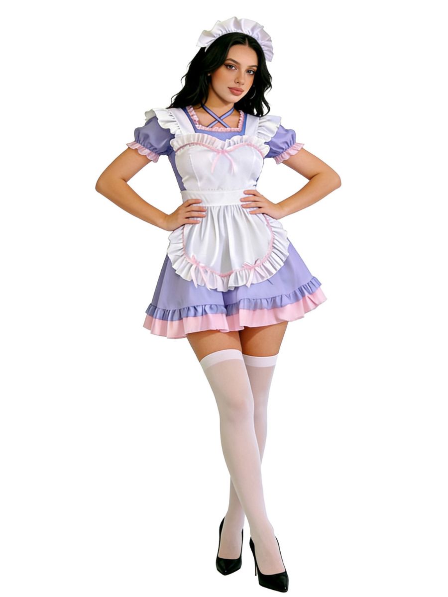 Sweet Maid Cosplay Costume Anime Ruffle Short Sleeve Lolita Dress with Apron