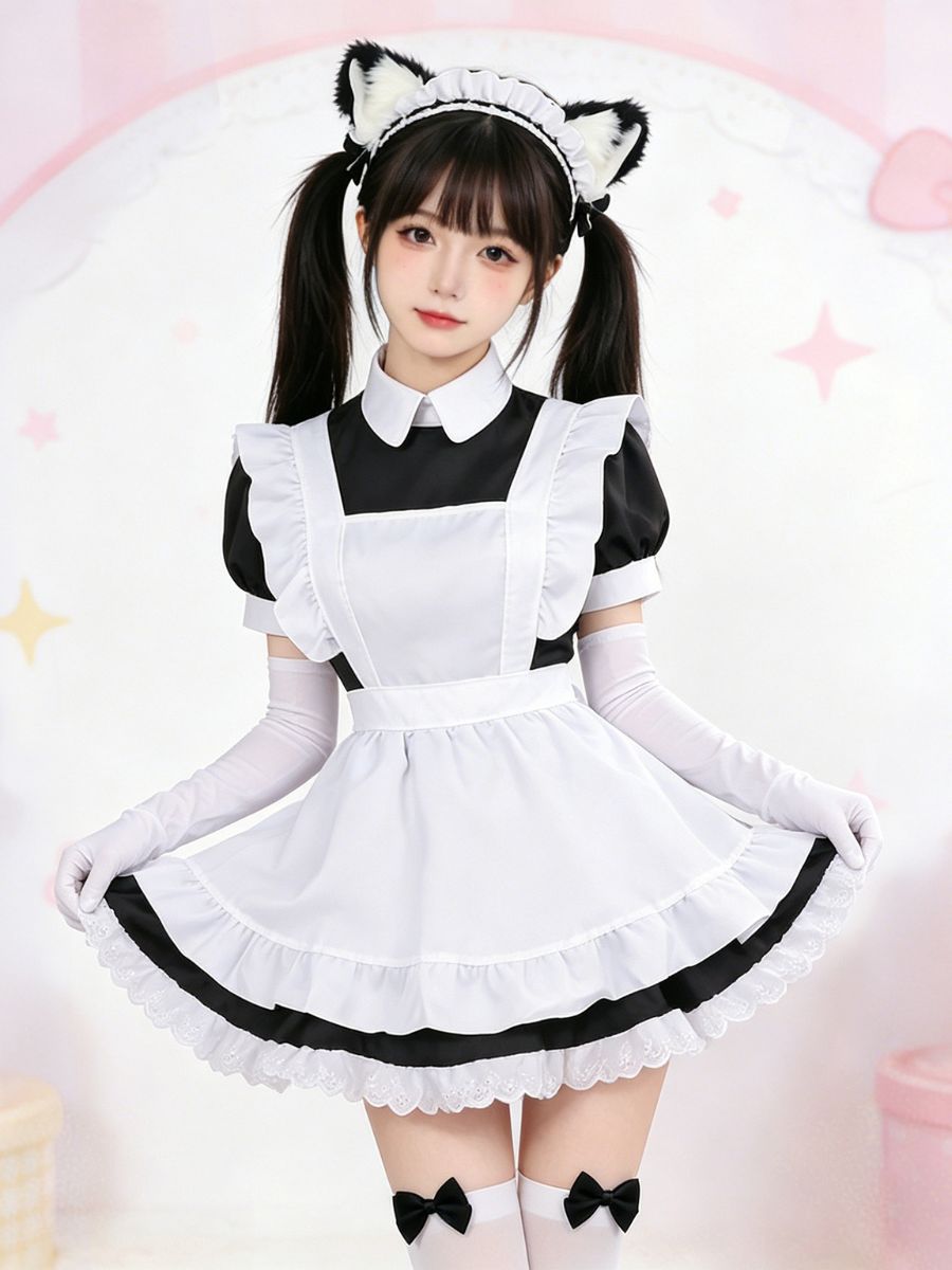 Kawaii French Maid Costume Black Anime Maid Outfit with White Apron and Cat Ear Headband