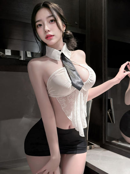 Office Secretary Cosplay Costume Sheer Lace Halter Crop Top and Mini Skirt 