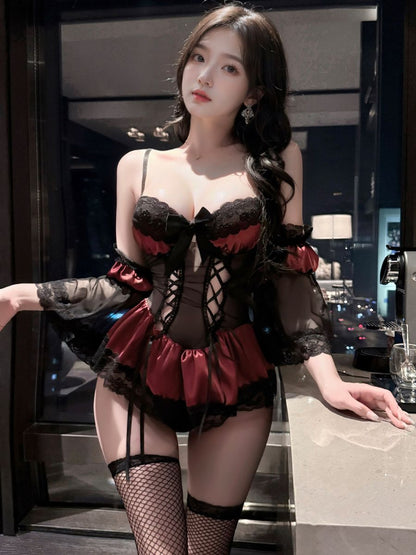 Vintage Devil Lace Lingerie Set Sexy Gothic Babydoll Dress with Bell Sleeves