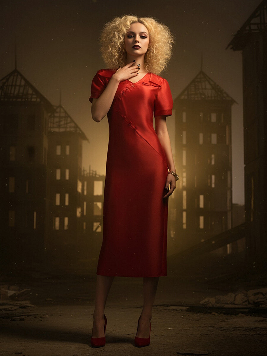 Vintage Red Satin Midi Wedding Dress