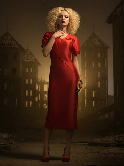 Vintage Red Satin Midi Wedding Dress