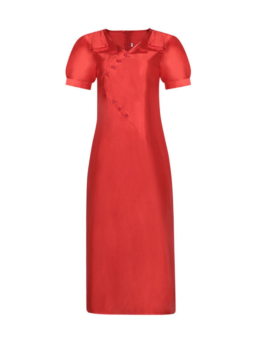 Vintage Red Satin Midi Wedding Dress