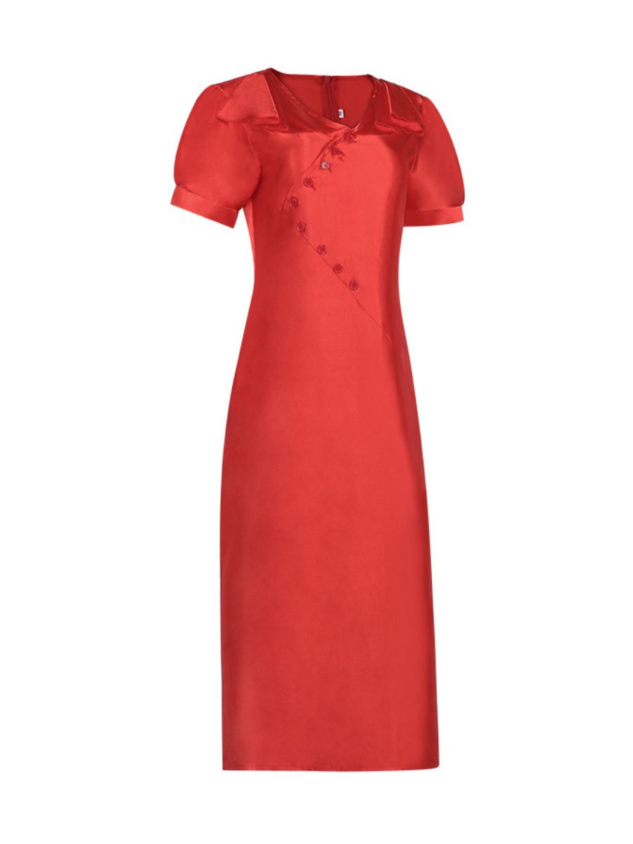 Vintage Red Satin Midi Wedding Dress