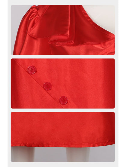 Vintage Red Satin Midi Wedding Dress