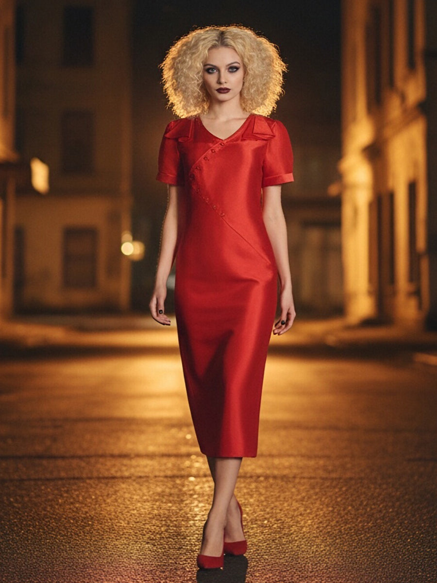 Vintage Red Satin Midi Wedding Dress