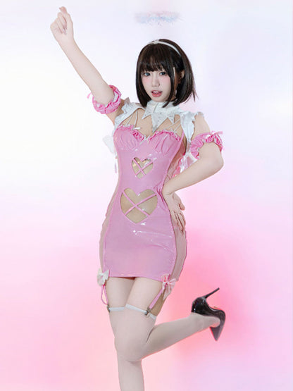Devil and Angel Cosplay Costume Faux Leather Heart Cutout Mini Dress with Accessories